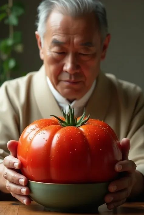  score_9,  score_8_up,  score_7_up,  score_6_up,  score_5_up,  score_4_up, 1man, 60 years old, lower body,  potted plant in my hand,  tomato focus,  depicting the bottom of the nose , Elegant Japanese clothing,  artistic ceramic potted plant , I'm holding a very large Zui 々Shishi Tomato, Circle々and growing , Glossy surface,  with water droplets on it ,  tomatoes growing in a pot , Realistic, ((UHD, masterpiece, super detail, high details, best quality, 8k))