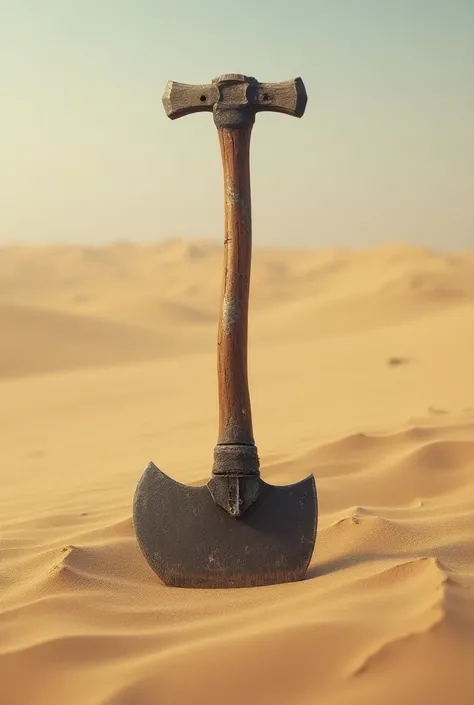 Portrait of an ancient ax in the middle of a sandy sea. Real portrait
