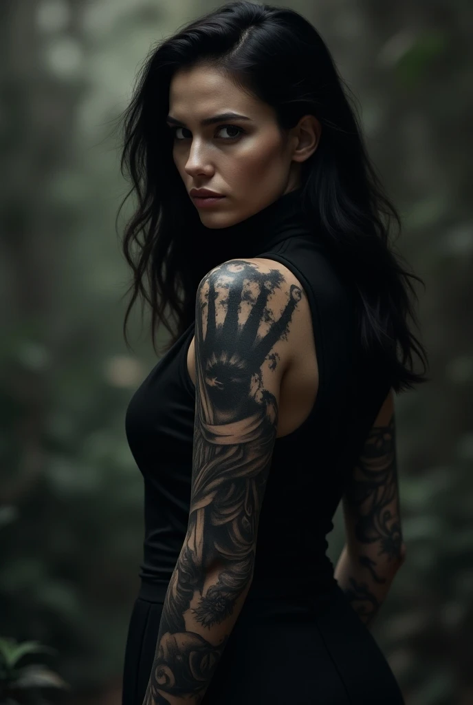 A woman with a blackout tattoo on her left arm 