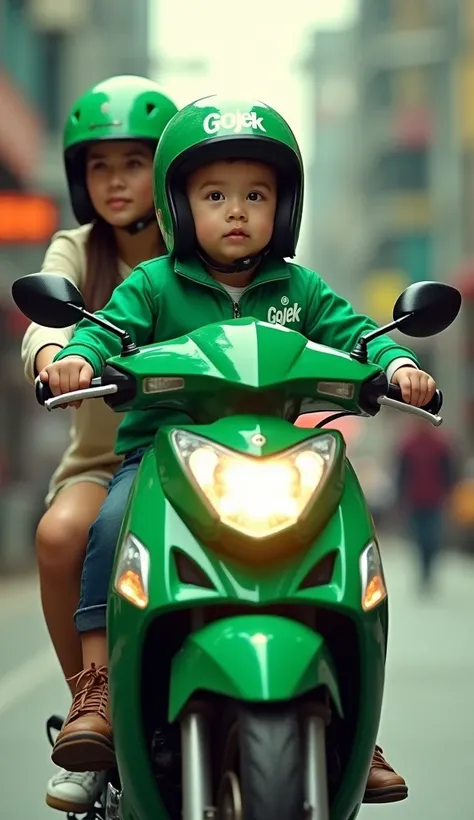 a baby in a green gojek jacket riding a motorcycle, a female customer wearing green helmet, full bike and body view, on the street, hyperrealistic, 8k, high quality, professional photography, cinematic lighting, vibrant colors, dynamic composition