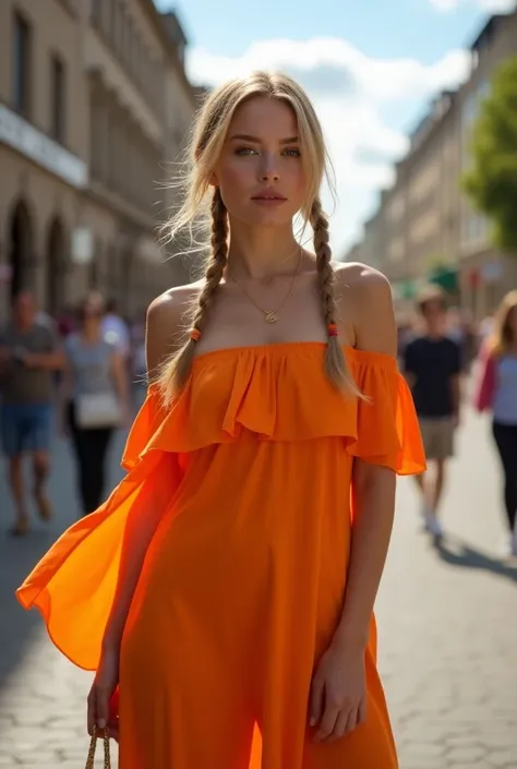 a woman posing on the street corner with orange dress on,  Best quality , 1Norwegian girl 18 years old , medium breasts, day, bright, Background, hips,  outdoors , (street:0.8), (People, crowds:0.8), (  off-shoulder dress :1.2), Fabulous, (braids-bangs:1.2...