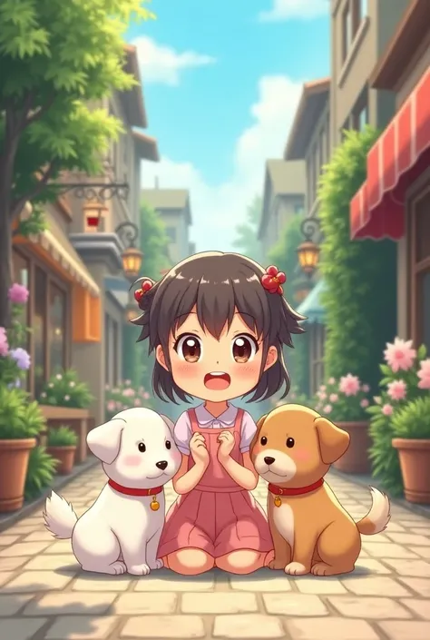 Now give me the same anime-style girl looking at her smiling dog and her happy puppy on a street 