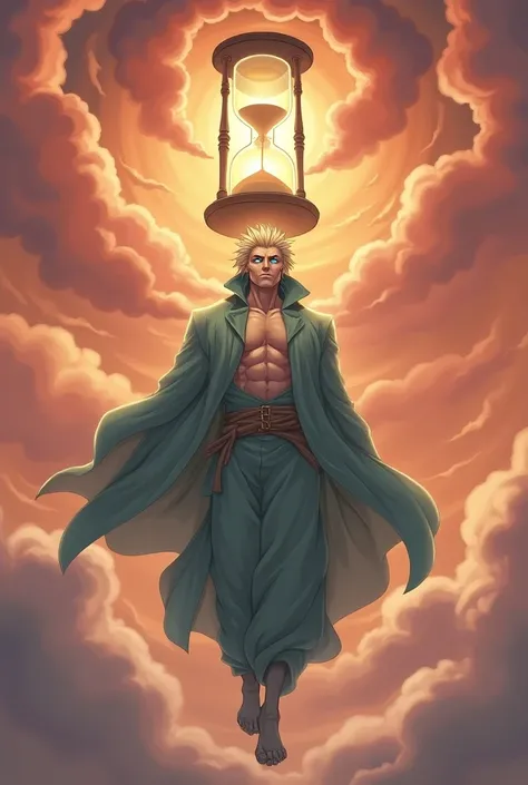 60-year-old male anime character standing in the air, blue eyes, blonde hair chanel, strong physical build, Sage face ,  with a light green hood covering his entire body, a giant hourglass in the reddish sky ,