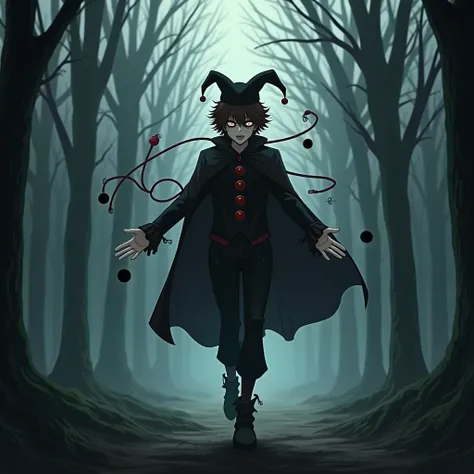 A Man,  with short curly dark brown hair , animated and bright eyes of dark brown color , wearing a black cape black clown clothes with red details with a minimalist and creepy face drawn on the clothes, some crazy pants  , crazy black shoes , with a jeste...