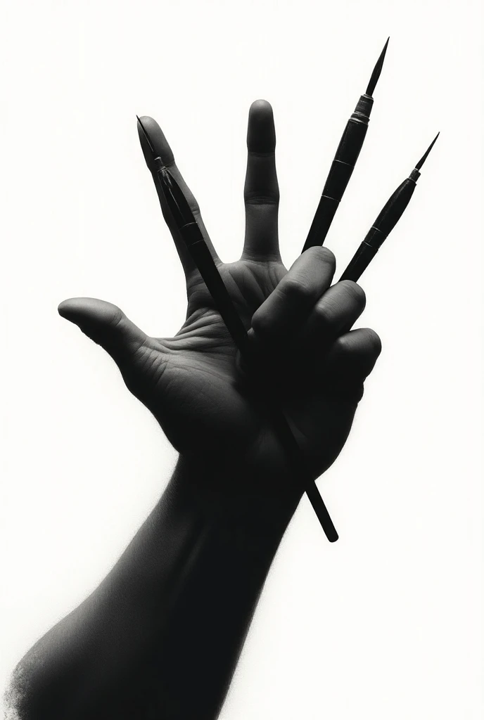 Silhouette drawing of a hand in a fighting position holding painting and engraving tools