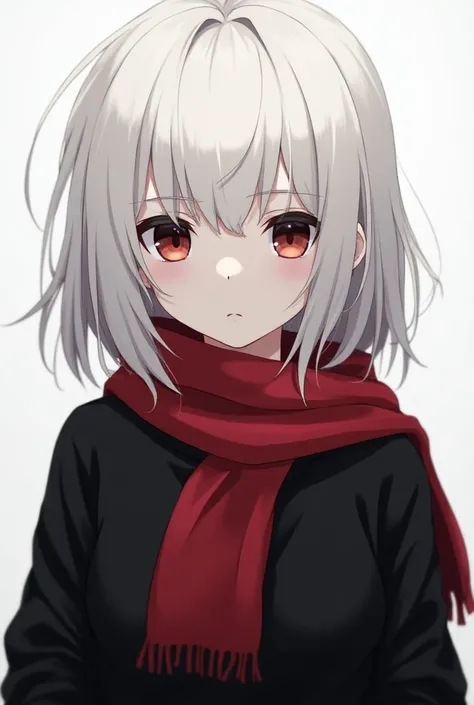  Serious anime character  ,  with somewhat long white hair , black sweatshirt , short red scarf  