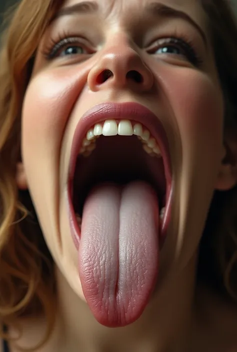 ((best quality)), ((masterpiece)) Giantess Actress Rebel Wilson opens her mouth wide showing you her uvula and super thick slimy and very meaty white Tongue with a sensual expression on her face (hyperrealistic tongue) (hyperrealistic uvula) (front view)