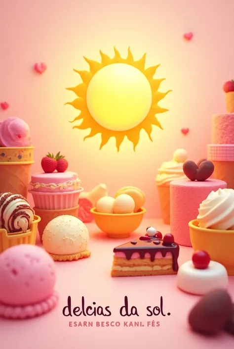 pink background, Sun in the center, ice cream, Cakes, logo, Written sentence "Delícias da Sol"