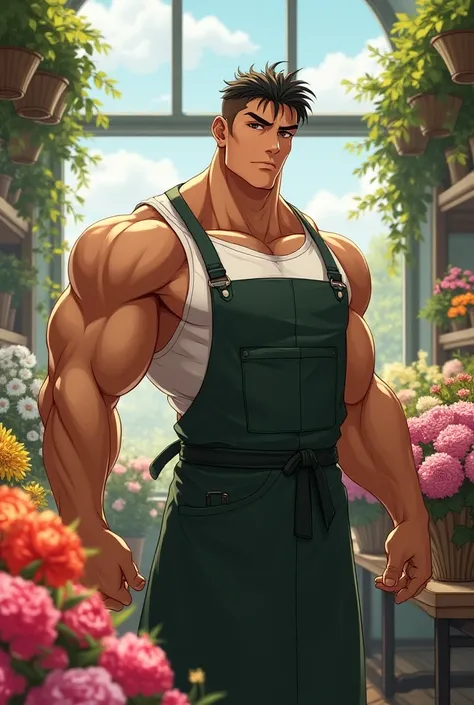 Muscular anime guy in flower shop with apron