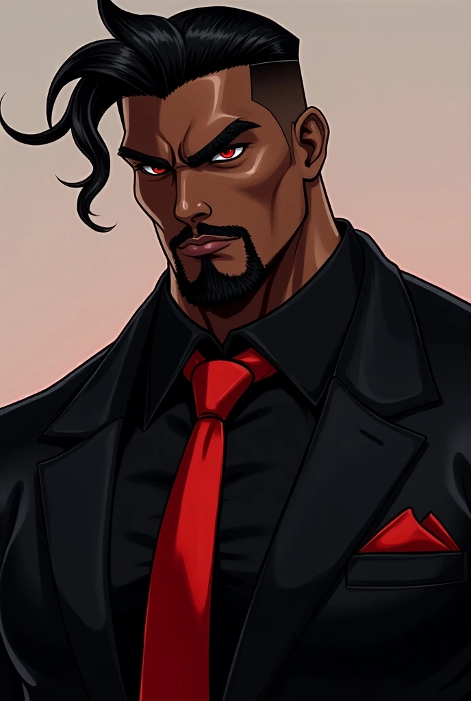 Create an image of a man with a full body ,  a very large and muscular man wearing a black suit and a red tie and this man with the color of Black skin using extremely large hair on one side and the same man with a
goatee,  and quite handsome and his eyes ...