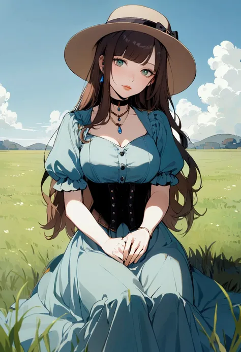 slender, mature female, character_profile, rating:safe, 1girl, solo, necklace, long_hair, short_sleeves, grass, sitting, dress, brown_hair, bangs, looking_at_viewer, outdoors, puffy_sleeves, closed_mouth, buttons, skirt, jewelry, hat, blue_dress, choker, b...