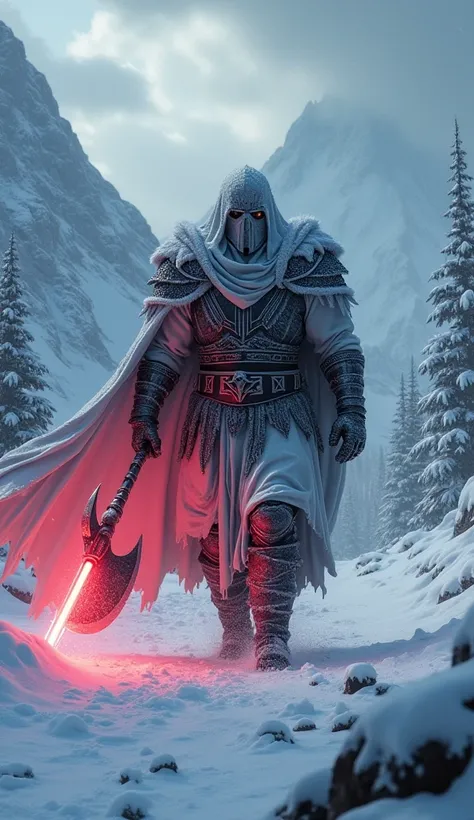   Imagine a Viking Sith warrior of stature ,  in heavy armor covered in snow and ice .  His battle axe emits a red glow as it cuts through the air , and Sith power rushes through your veins . He is walking and behind him ,  a vast snowy forest extends to t...