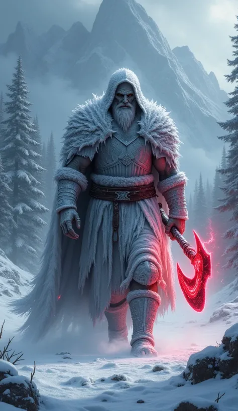   Imagine a Viking Sith warrior of stature ,  in heavy armor covered in snow and ice .  His battle axe emits a red glow as it cuts through the air , and Sith power rushes through your veins . He is walking and behind him ,  a vast snowy forest extends to t...