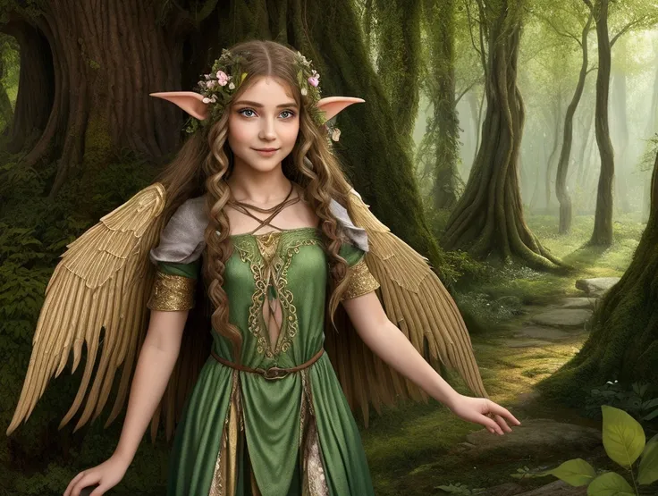 Create a realistic image of two duendes, Shira and Olix, in a magical forest setting. Shira is a beautiful and friendly female duende with sparkling green eyes, long wavy hair, and delicate wings that shimmer in the sunlight. She wears a colorful dress mad...