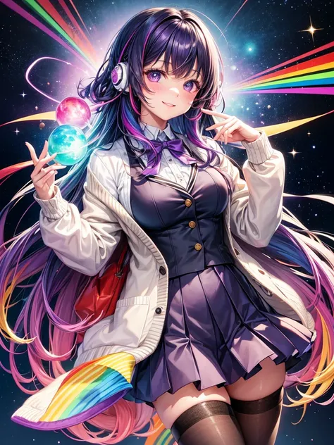  female middle school student ，smile，beautiful女の子，ＳＦGirls of the World，Space Girl， Hair Hanging Over Her Ears ， Infinite Fashion ， Infinite Color Blazer ， Evolved Cardigan ， long hair，， Wears Rainbow-Colored Tights ，Colorfulなリボン，Isekai Blazer ，New Cardigan...