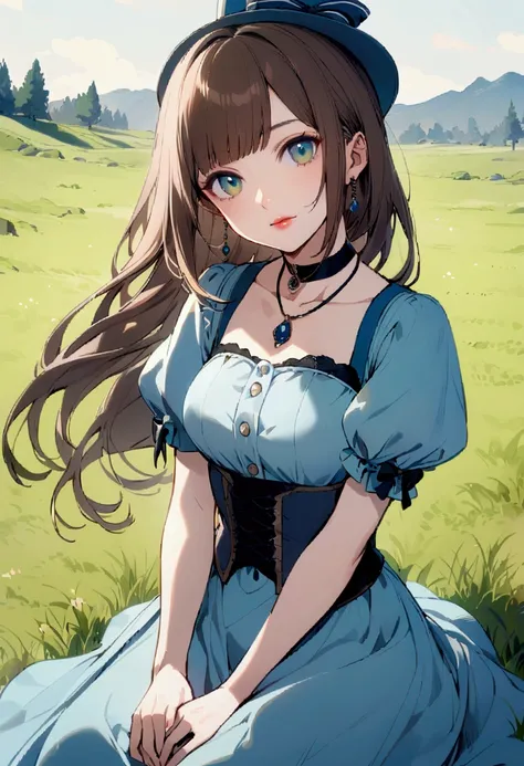 slender, mature female, character_profile, rating:safe, 1girl, solo, necklace, long_hair, short_sleeves, grass, sitting, dress, brown_hair, bangs, looking_at_viewer, outdoors, puffy_sleeves, closed_mouth, buttons, skirt, jewelry, hat, blue_dress, choker, b...