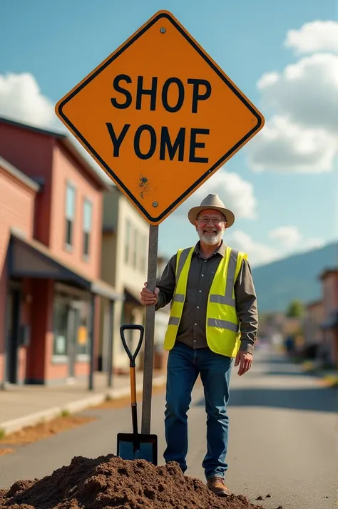 A construction sign in a small town and a picture of the mayor smiling with a shovel at the bottom of the sign