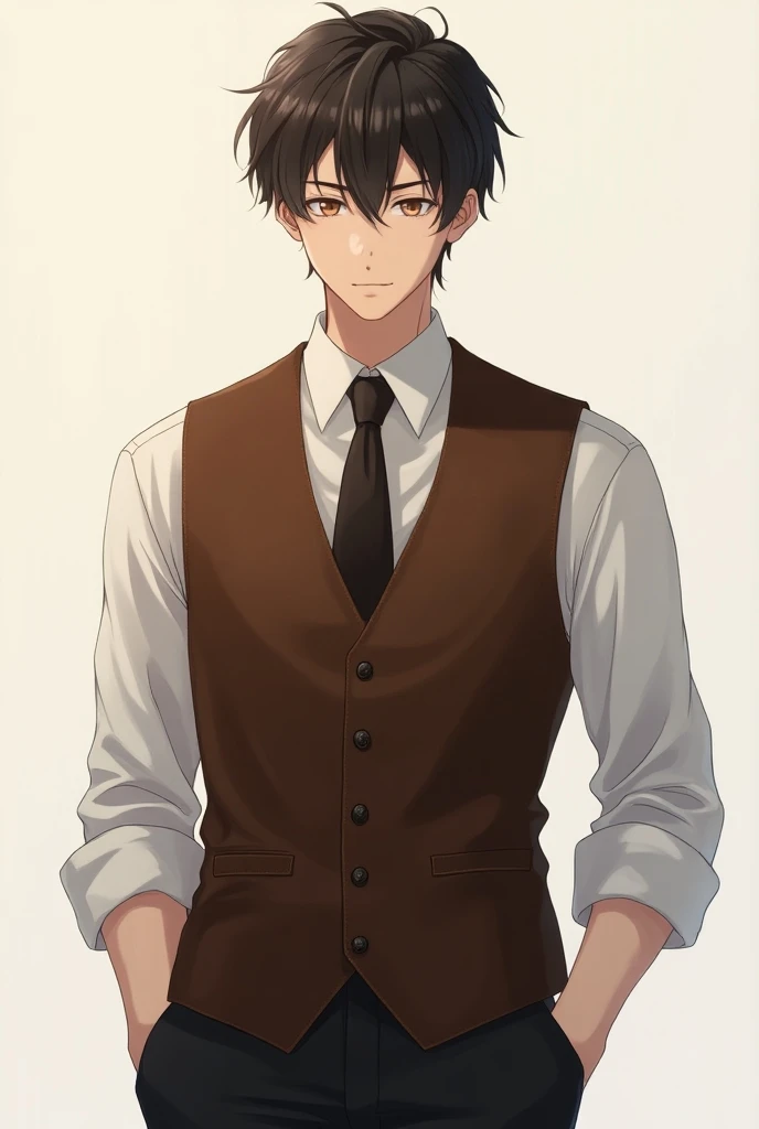  anime-style male character vest with brown leather, 25 years old, Wear a semi-elegant vest with a tie