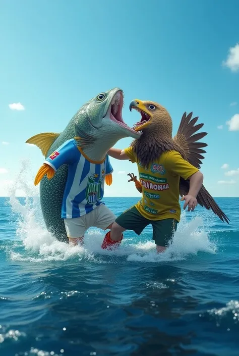 A fish in the middle of the sea wearing the Santos ,  jersey devouring a hawk with the Corinthians jersey.