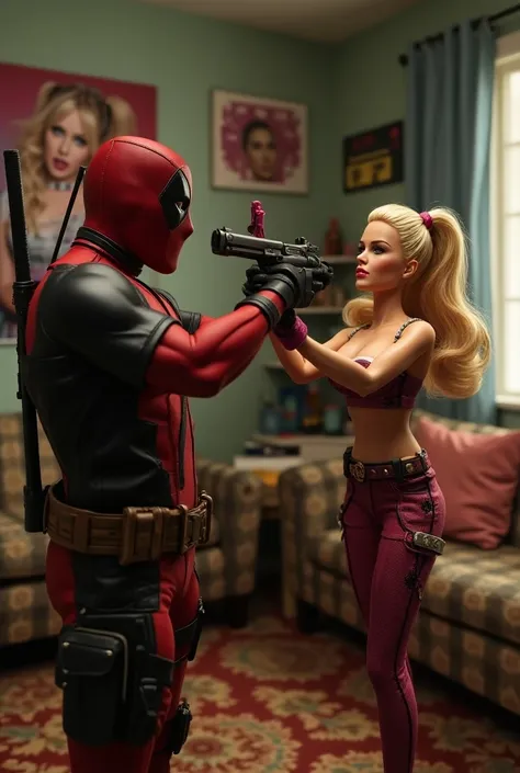 Deadpool (Ryan Reynolds)  shooting Barbie in the head  (Margot Robbie).  The bedroom has a poster of Margot Robbie as Harley Quinn from the movie "Suicide Squad". The living room looks messy . 