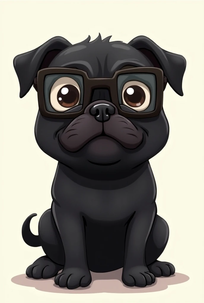 Black pug dog with square lenses from the neck up the image and that the drawing is in cartoon style