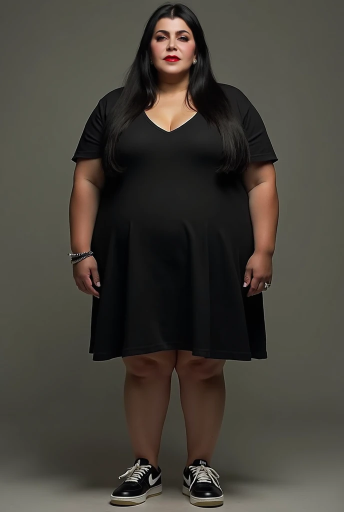 Obese woman with straight hair , LONG AND BLACK;  wearing black dress and black Nike Air Force 1 shoes