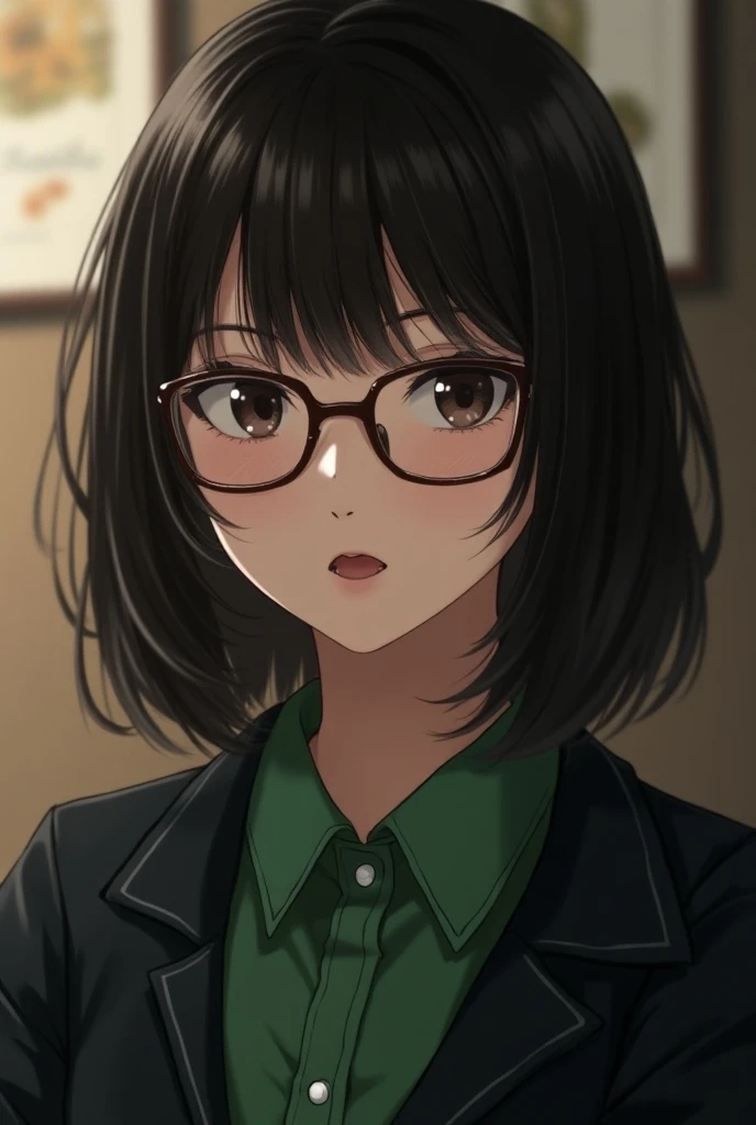 1girl, dark Brown hair, glasses, open mouth, small breasts, 152cm height, 27 years old, detailed face, green shirt and black Jacket, simple background, high resolution, photorealistic, japanese, masterpiece, (best quality, 4K, 8k, highres, ultra-detailed, ...