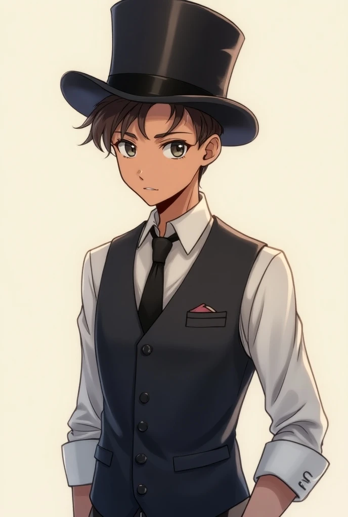  anime-style male character with brown skin, 25 years old, Wear a semi-elegant vest with top hat