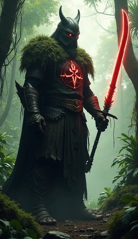  Imagine a colossal Viking Sith warrior surrounded by the density of a tropical rainforest,  his dark armor covered by moss and roots ,  as runes shine red on his chest . He holds a curved sword ,  glowing with a red energy ,  and his eyes twinkle with the...