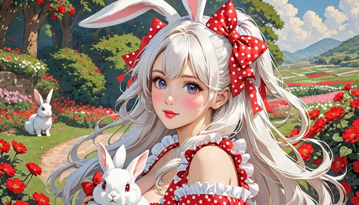 a woman with long white hair holds a rabbit with a bow on her head, 1girl, solo, polka dot, cleavage, long hair, bow, polka dot bow, hair bow, breasts, looking at viewer, red bow, lips