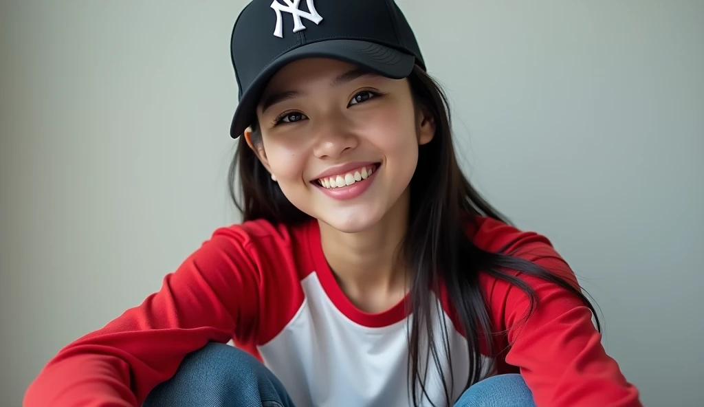 

Close-up, frontal view of an Asian woman with long, sleek black hair, wearing a black baseball cap featuring the New York logo. She’s dressed in a white baseball-style T-shirt with long red sleeves, paired with classic blue jeans. The woman is sitting in...