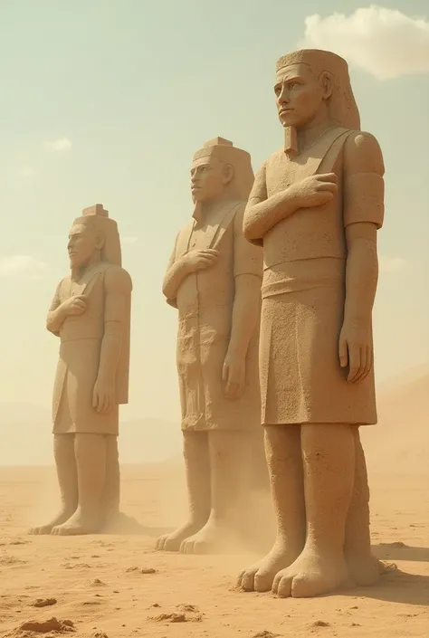 RUINS OF ANCIENT STATUES IN THE MIDDLE OF THE TORN DESERT