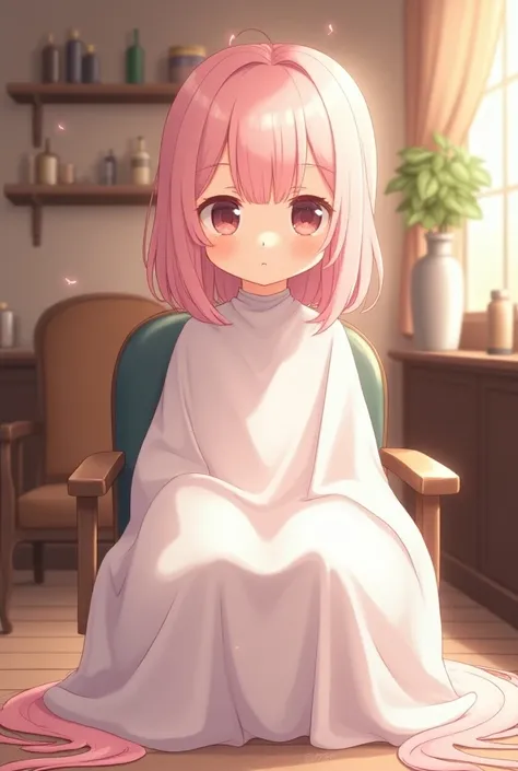   A shy anime girl with shoulder-length pink hair gets a haircut with a white cape in a hair salon and sits in a barber chair. Lots of pink hair is lying under her on the floor and on her white cape 