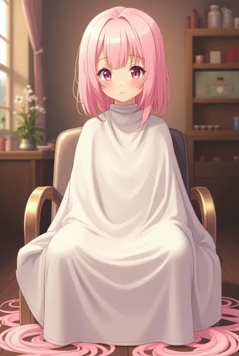   A shy anime girl with shoulder-length pink hair gets a haircut with a white cape in a hair salon and sits in a barber chair. Lots of pink hair is lying under her on the floor and on her white cape 