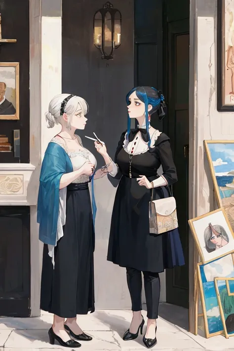 A picture of a young Picasso standing and talking with a middle-aged woman. She was rich. She had a cheating expression. Picasso is begging her. to buy the picture he painted for her