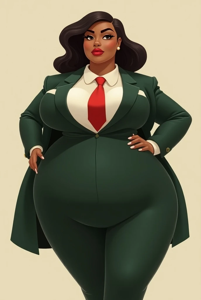 A woman with huge giant breasts , cartoon with brown skin and an elegant suit with a red tie and an opaque green jacket,slim,  and very wide hips, an unrealistic 2d  