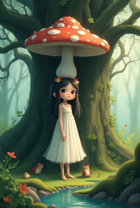 An anime-like image of a teenage girl with a large mushroom on her head centered at the base of a tree with a stream, moss and frogs , mystical atmosphere 