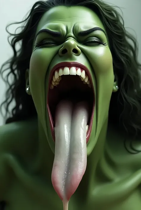 ((best quality)), ((masterpiece)) Giantess She hulk opens her mouth wide showing you her uvula and super thick slimy and very meaty white Tongue with a sensual expression on her face (hyperrealistic human tongue) (front view)