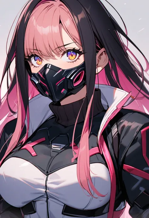 1 woman, older, Strong woman with broad shoulders, short black hair with blonde sections, pink hair, face mask, mask covering lower half of face, Futuristic clothing, comfortable clothing, futuristic jacket with extra straps, chest harness, turtle neck, pi...