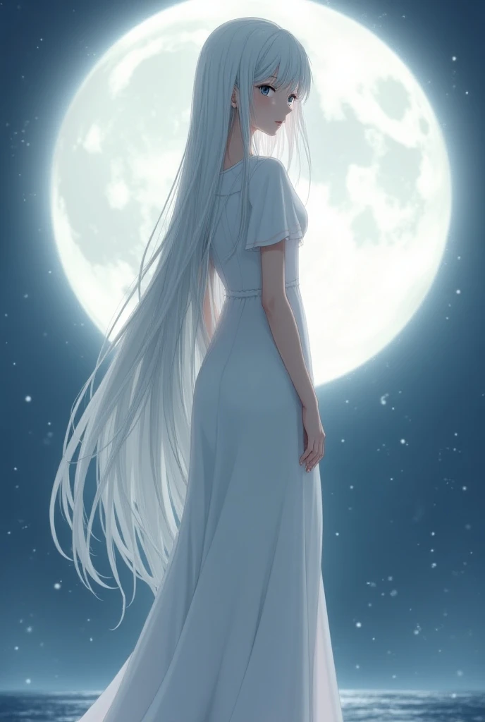 A girl standing with long albino hair up to her back, silver-gray eyes, tall height, slim body, elegant dress in white, behind her is the full moon, large and bright, reflecting moonlight behind her, the girls face is delicate and fine with a calm expressi...