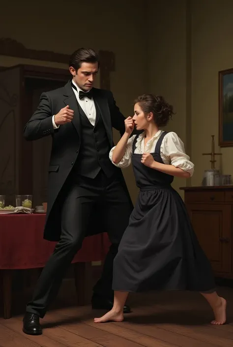 A man dressed as a tailcoat fighting with a woman wearing an apron 