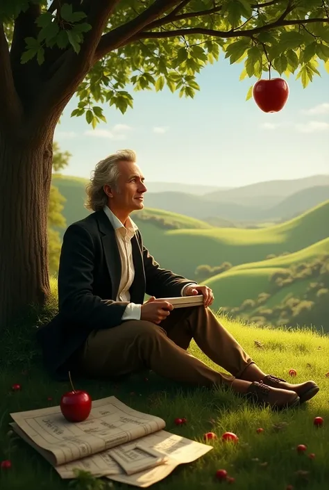 "Isaac Newton sitting under an apple tree in a lush, green garden. He gazes up thoughtfully as an apple falls from a branch, not hitting him, but landing softly beside him on the grass. The scene is serene with bright daylight and a slight breeze, but ther...