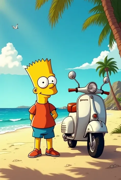  a beach in the background , with the sun shining and a character from The Simpsons standing next to a jippeta