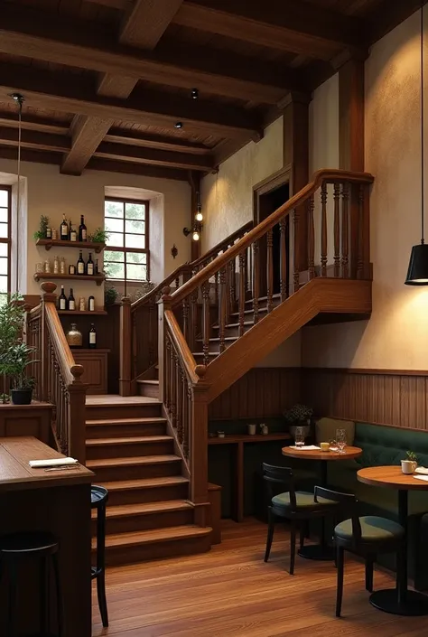 Create a cozy, atmospheric café interior that features a blend of rustic and industrial design elements. The scene is set in a warm, inviting space with exposed wooden beams in the ceiling. A wooden staircase leads to an upper level, its railings adorned w...