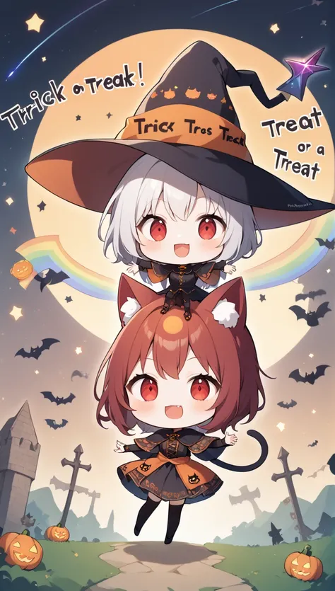 One Girl, chibi style, Cat Girl, Red eyes, Cat - Sun  , witch hat on head, Happy Face,  has a fan sign with the letters written on it " Trick or Treat", text font style medieval,  beautiful rainbow and shooting star background