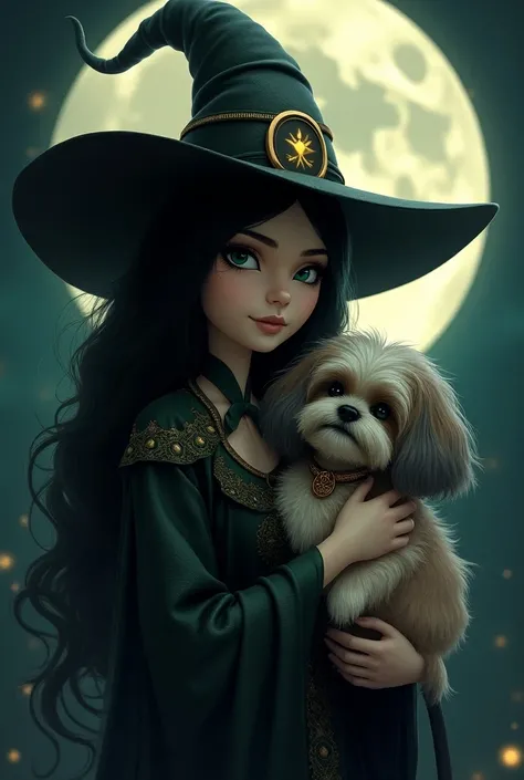 Beautiful white-skinned witch with long wavy black hair green eyes with hat and witch dress embraced with her female tricolor shitzu white with beige and brown with collar and waxing moon sign witch hat illuminated by the happy moon