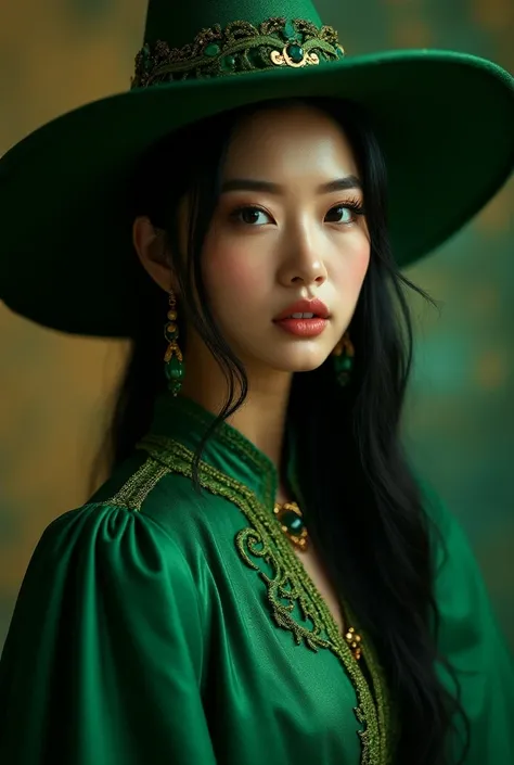 Create a real photo film poster  of Asian beautiful.woman wearing witch of color green with the gold says with the name written "Ahya Canillas Creator "