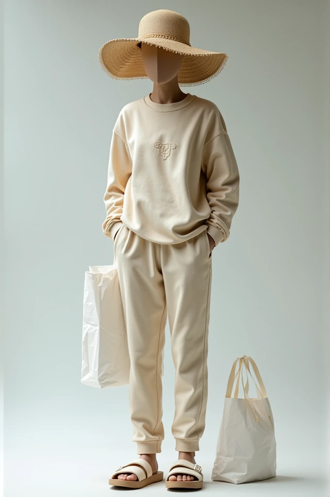  Create a mannequin using a sweatshirt, hat, tissue, bag and sandal ,  beach-style clothing  