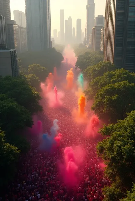 Holi in a futuristic city made between forests from top angled drone view from top