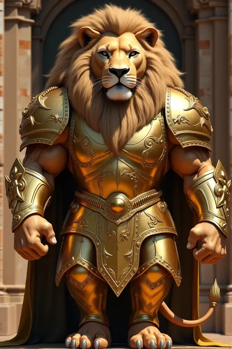 Develop an ultra-detailed 3D image of a lion wearing majestic golden armor, leveraging 64k resolution, HDR, and cinematic lighting to deliver a hyper-realistic and luxurious visual experience.